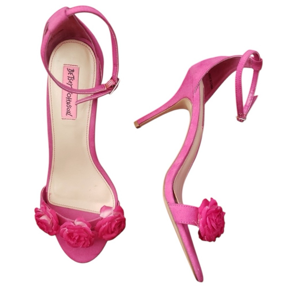 BETSEY JOHNSON Bromme Fuchsia Fabric Floral Dress Sandal Open Toe Heels Size 7 - Picture 10 of 14